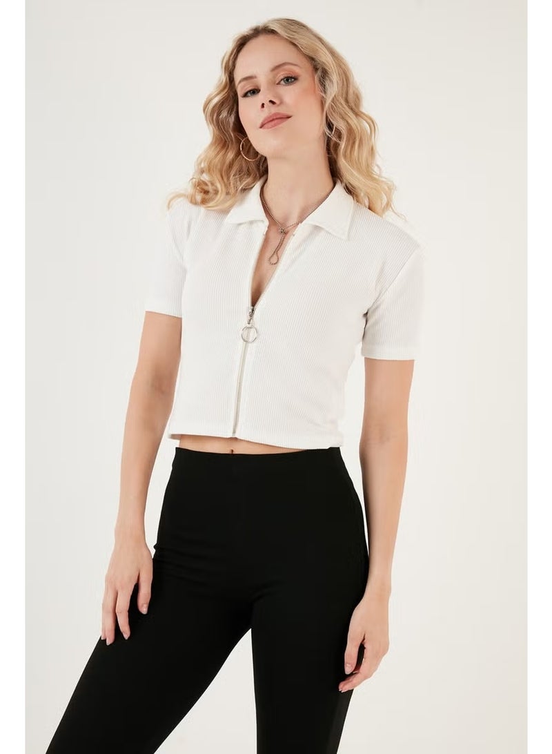 Lela Flexible Zippered Shirt Collar Crop Blouse Women's Blouse 5865346 - Image 3